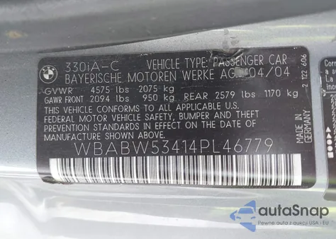 2004 BMW 330Ci z USA, uszkodzony, nr VIN WBABW53414PL46779